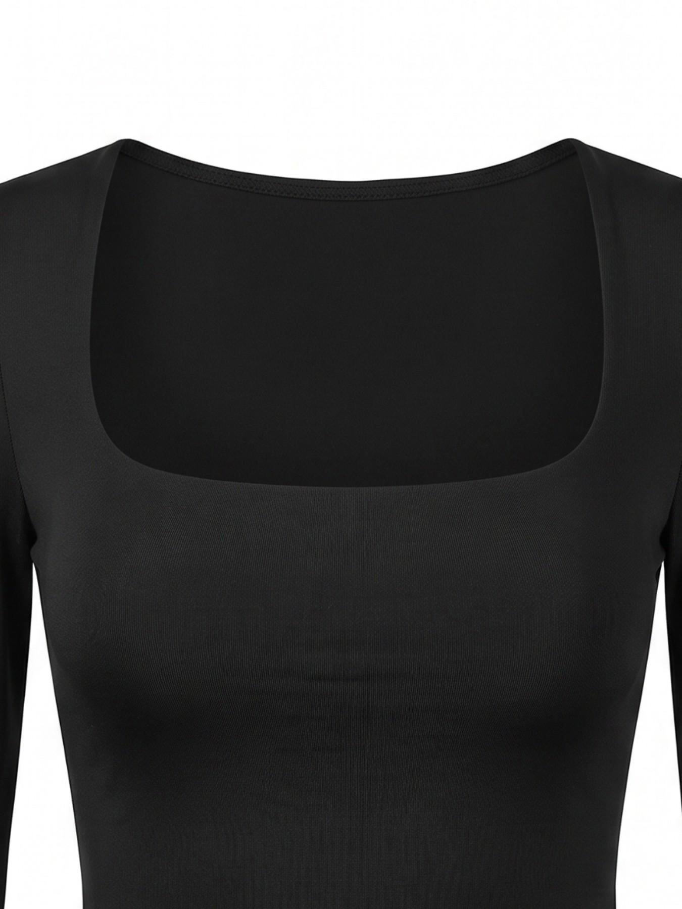 Women's Autumn Outfit Square‑Neck Long‑Sleeve Top, Basic Slim‑Fit Casual Figure‑Flattering Street‑Style Ladies' Top for Outings
