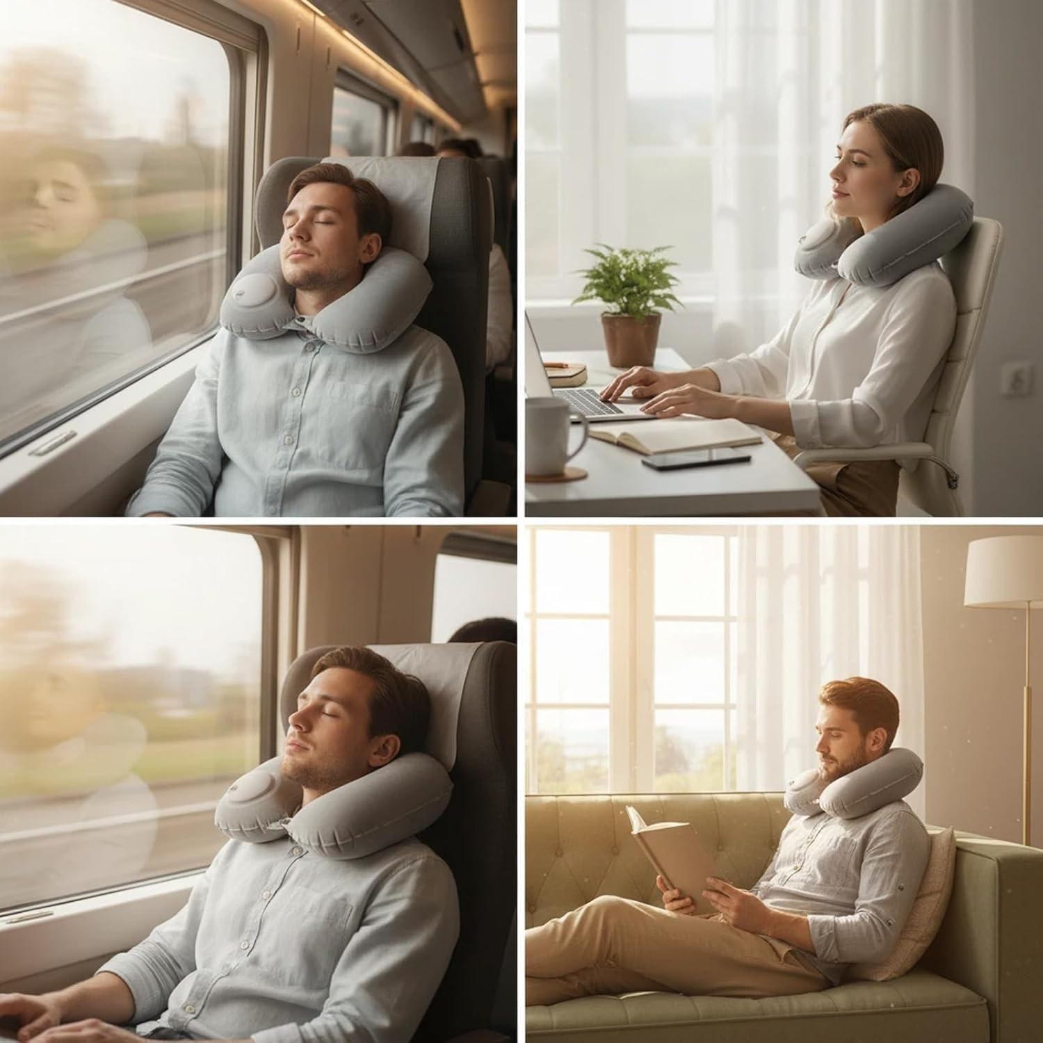 Inflatable Travel Pillow for Airplane Neck Support, Quick-Inflate Neck Pillow for Long Flights, Car, Office, Portable Bath Pillow