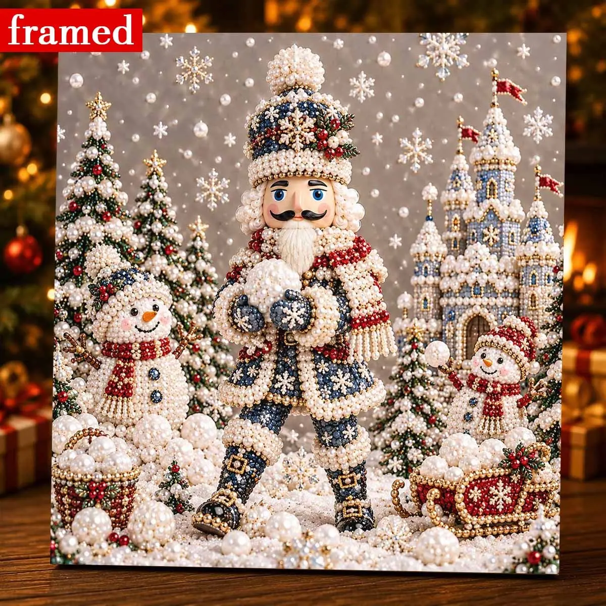 Elegant Pearl Embellished DIY Painting Kit, Wall Decor Art, Nutcracker Snowman Design, Perfect Christmas Gift, Family Activity