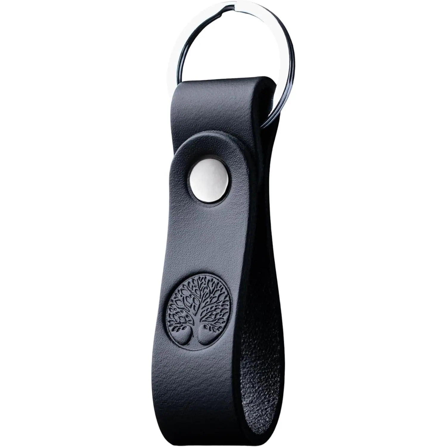 Unisex Full-Grain Leather Keychain, Personalised Matte Black Hot-Embossed Keyring for Him & Her