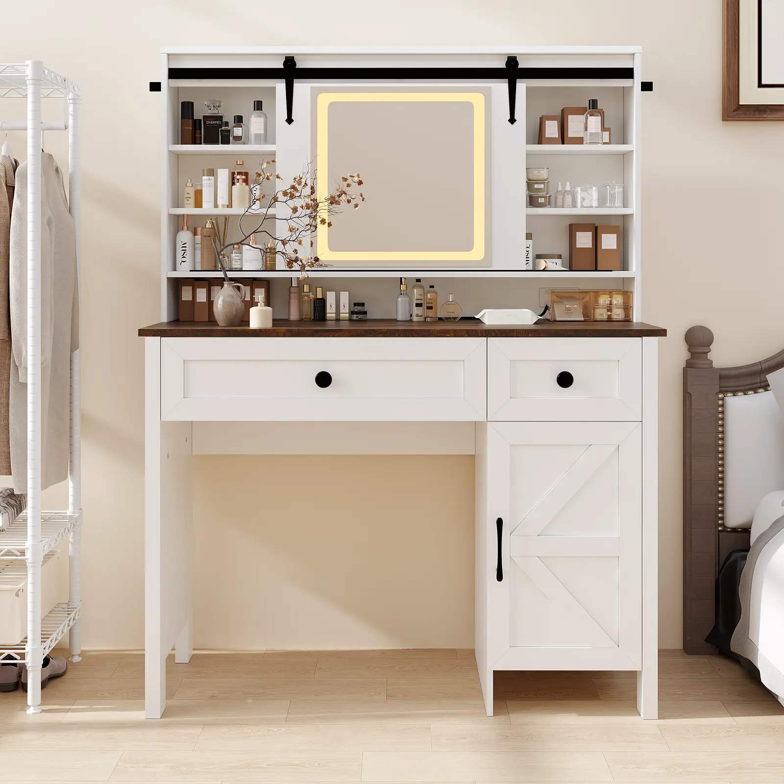 Makeup Vanity Desk with LED Lighted Mirror, Charging Station, 3 Drawers, Storage Cabinet, Shelves, Stool – Modern Bedroom Dressing Table for Women and Teen Girls