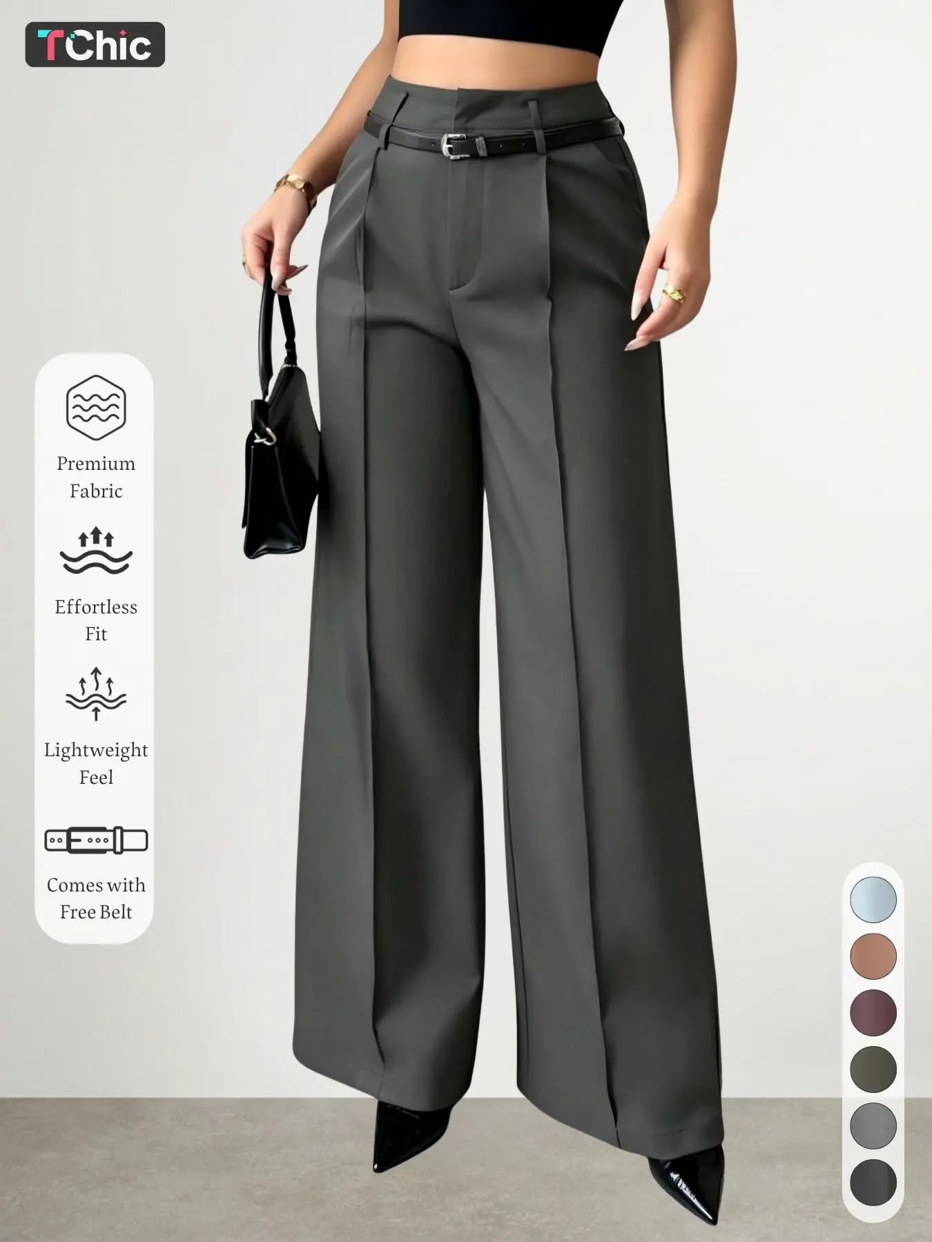 New Women's High-Waisted Wide-Leg Suit Pants, Button Pleated Design with Belt, Casual Elegant Comfortable Style for Daily Commute