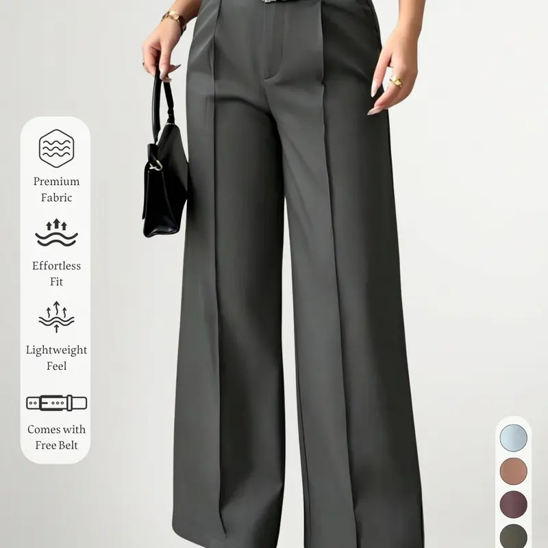 New Women's High-Waisted Wide-Leg Suit Pants Button Pleated Design with Belt, Casual Elegant Comfortable Style for Daily Commute