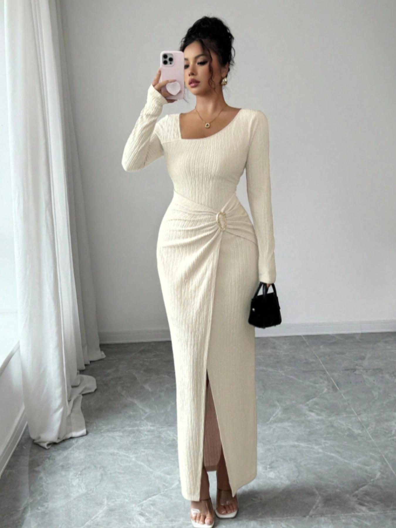 Women's Fashion Solid Color Twisted Long Dress, Asymmetrical-Neck Knitted Texture Bodycon Slit Design Dress, Classy Modest Fall Winter Women Clothes