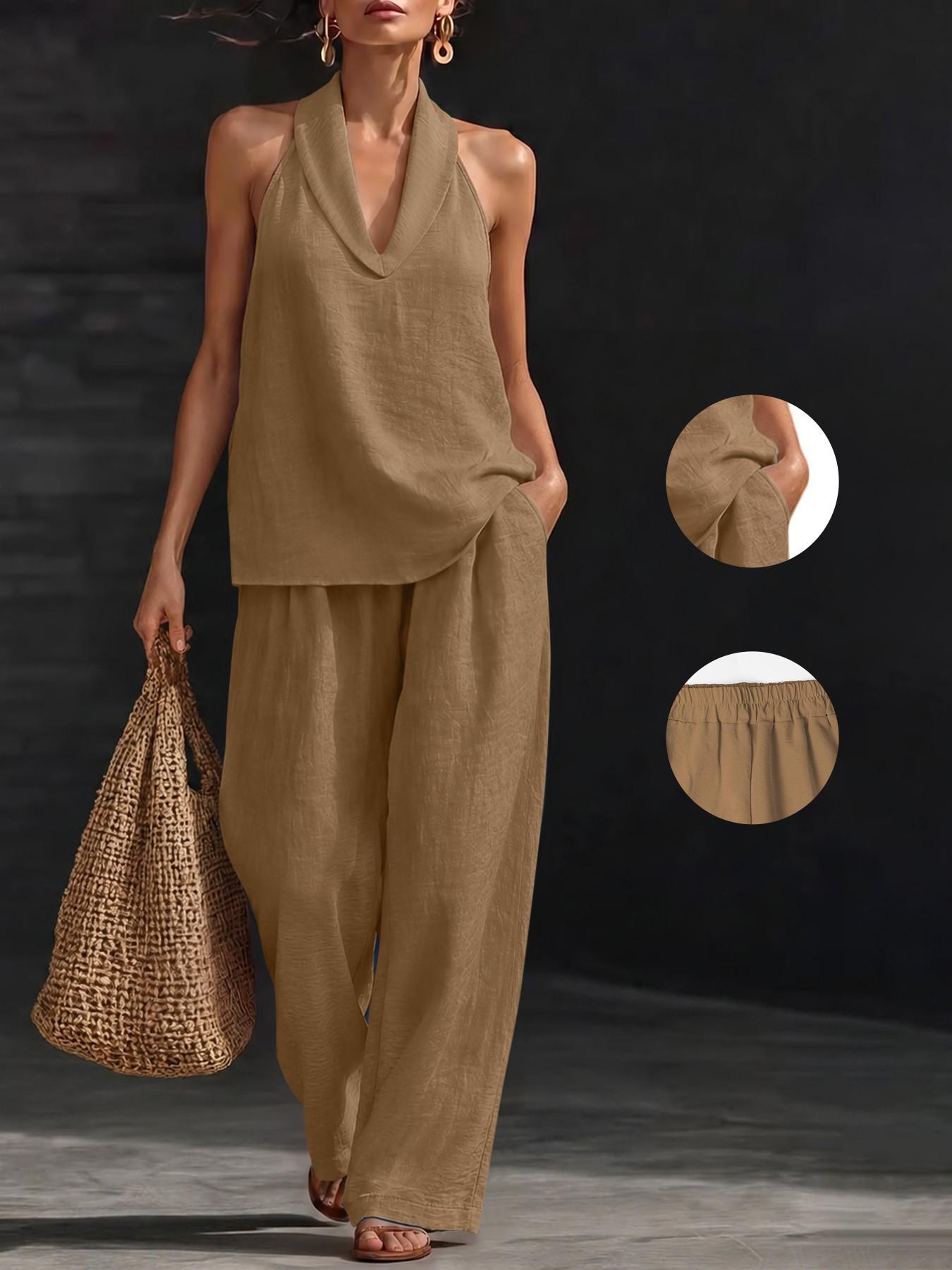 Two-Piece Women's Boho Halter Neck Sleeveless Crop Top and Wide Leg Pants Set, Casual Chic Summer Outfit for Vacation, Beach Clothes