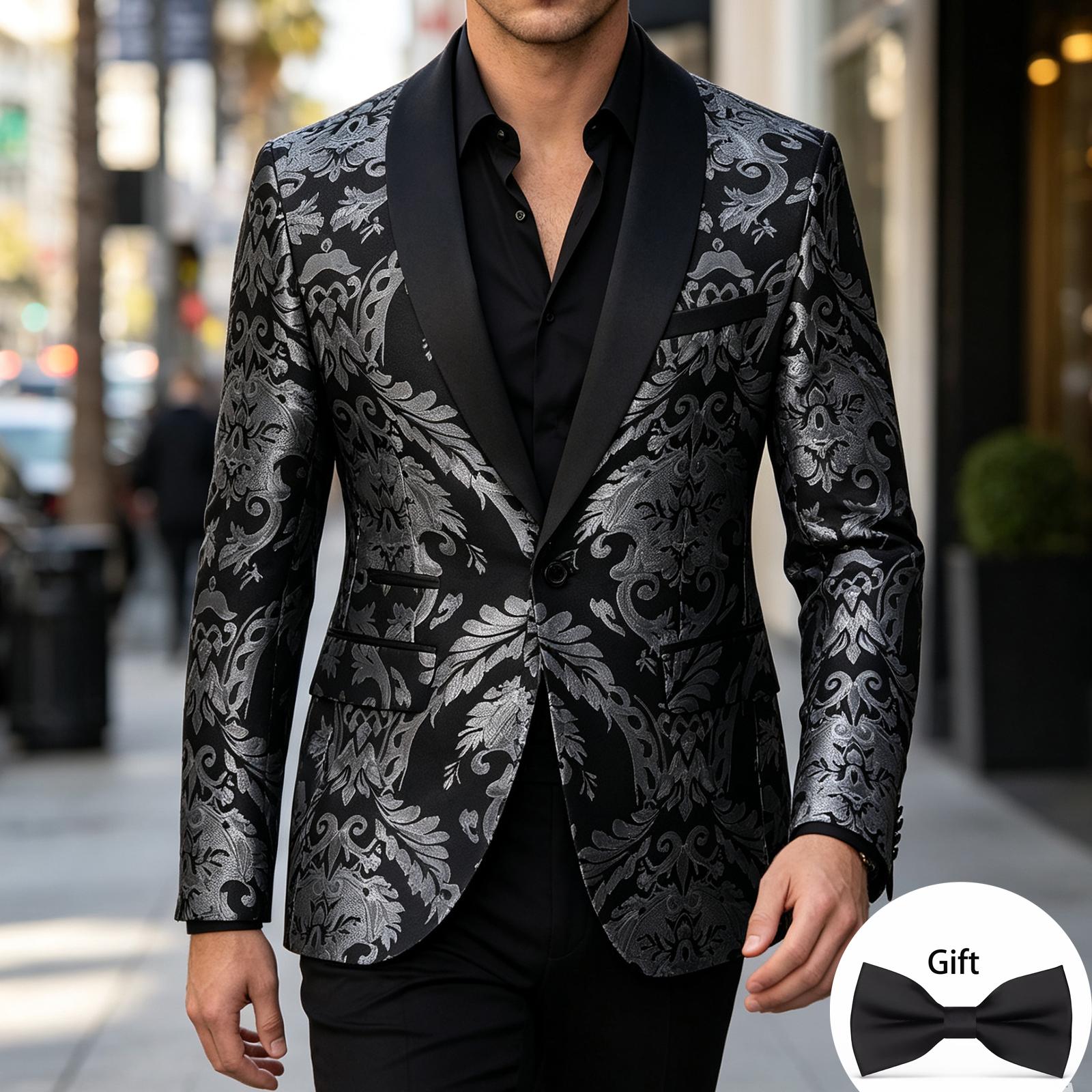 Men's 2-Piece Slim Fit Floral Jacquard Formal Tuxedo Set - Shawl Collar Long-Sleeve Button-Front Blazer & Matching Trouser for Wedding, Prom