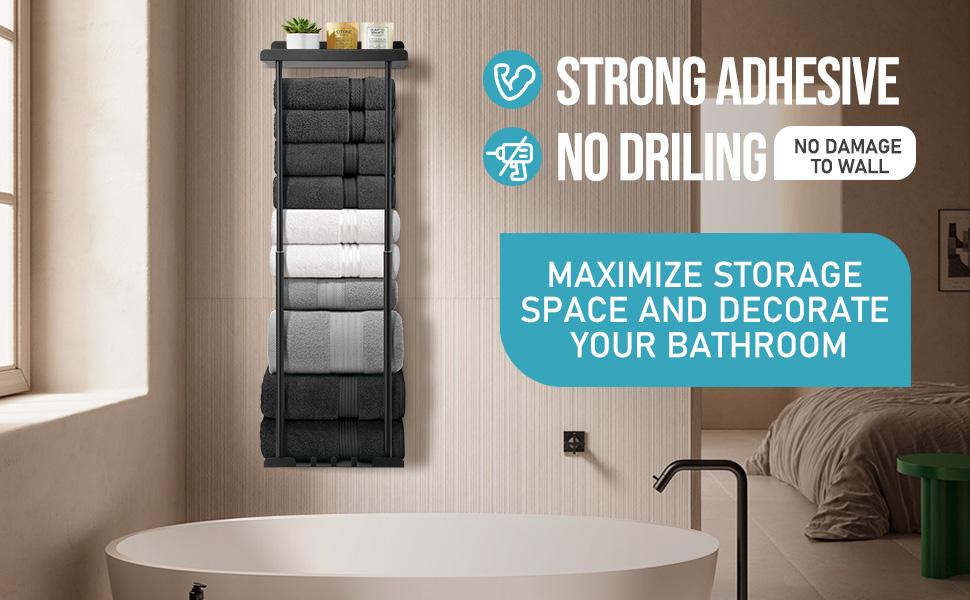 Bathroom Towel Storage Rack, Towel Racks for Bathroom Wall Mounted 30 inch with Shelf Can Holds 6 Large Towels, Wall Towel Rack for Rolled Towels, Black