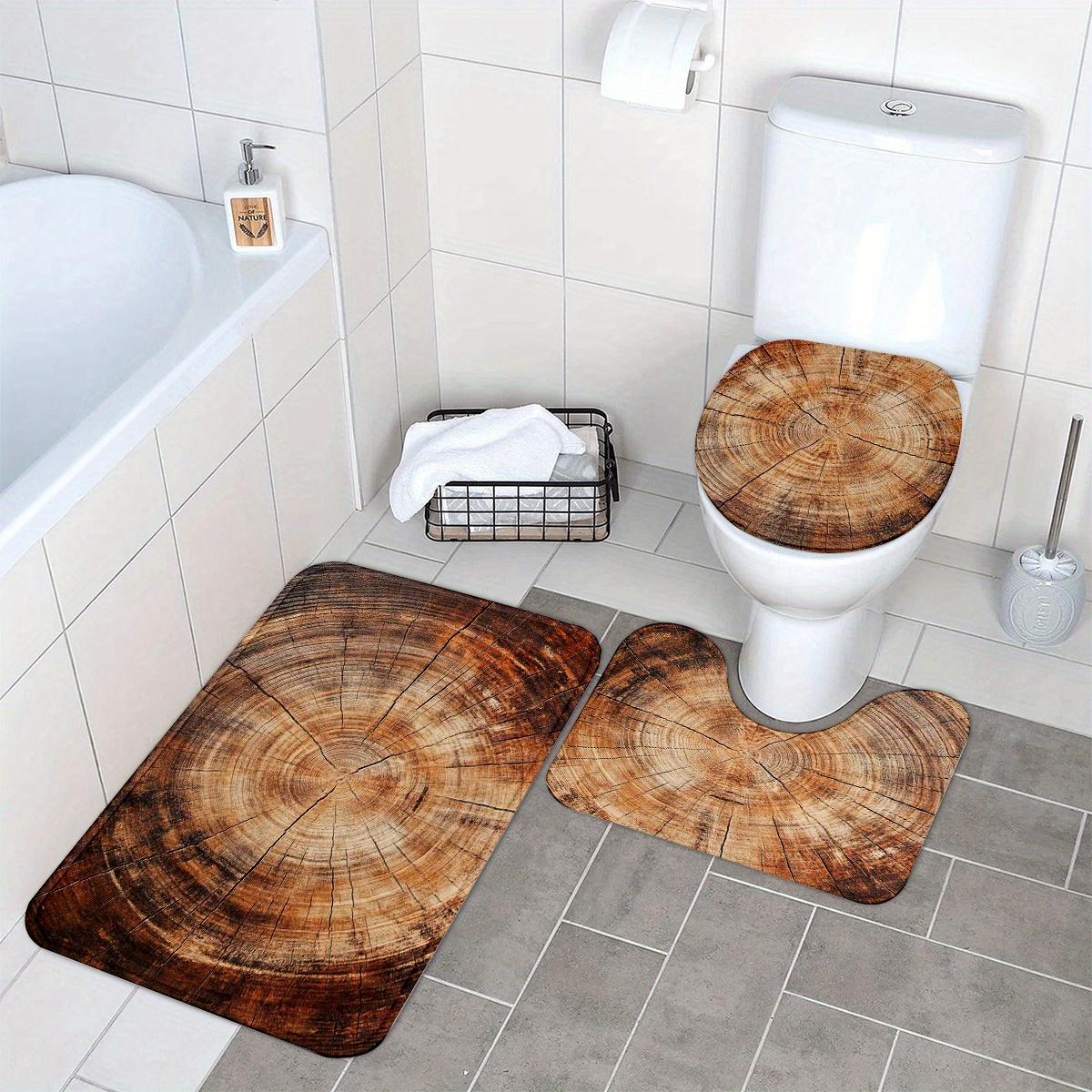 3pcs Bathroom Anti Slip Pad Set, Brown Tree Stump Annual Ring Print, Soft Flannel, Non Slip Bathroom Mat, U-Shaped Toilet Mat, Toilet Lid Mat, Bath Mat Rug, Fashionable Modern Design, Versatile Home Decor, Bathroom Decor/Accessories