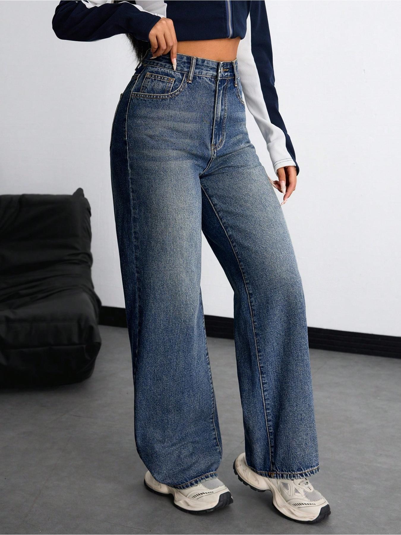 New Trendy Fashion Women's Straight Leg Wide-Leg Classic Versatile Elastic Stretchy Comfortable Fitted Washed Denim Jeans, All Seasons Casual Wear, Bottoms, Pants