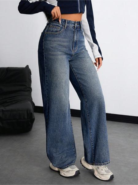 New Trendy Fashion Women's Straight Leg Wide-Leg Classic Versatile Elastic Comfortable Washed Denim Jeans, All Seasons Casual Wear, Bottoms