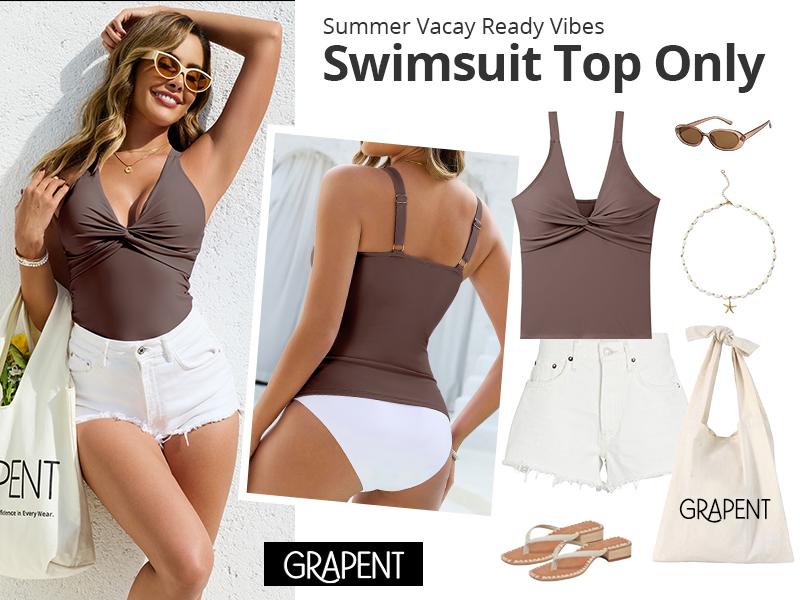 GRAPENT Tankini Tops for Women Swimwear Twisted V Neck Bathing Suit Beach Vacation Modest Padded Swimsuit Swim Top Only