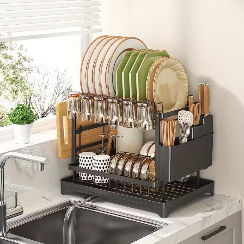Large removable stainless steel easy-to-clean dish rack with cup holder, cutlery storage and cutting board rack for kitchens, suitable for households of 2-4 people
