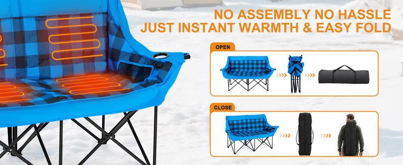 Lilypelle Oversized Heated Double Camping Chair Folding Camping Loveseat 2 Person Padded Camping Couch Heavy Duty Lawn Chairs for Outside Camping, Lounge Patio