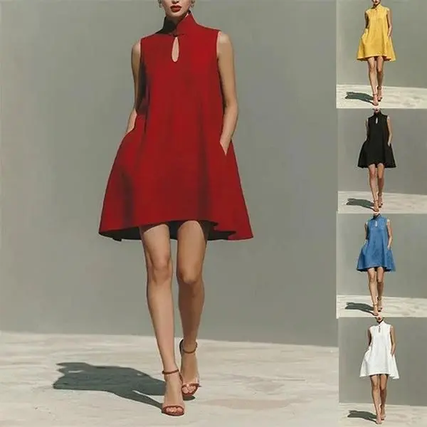 Women’s Sleeveless Mock Neck Mini Dress, Keyhole A Line Swing Dress with Pockets, Casual Summer Party, Work, Vacation and Weekend Outfit
