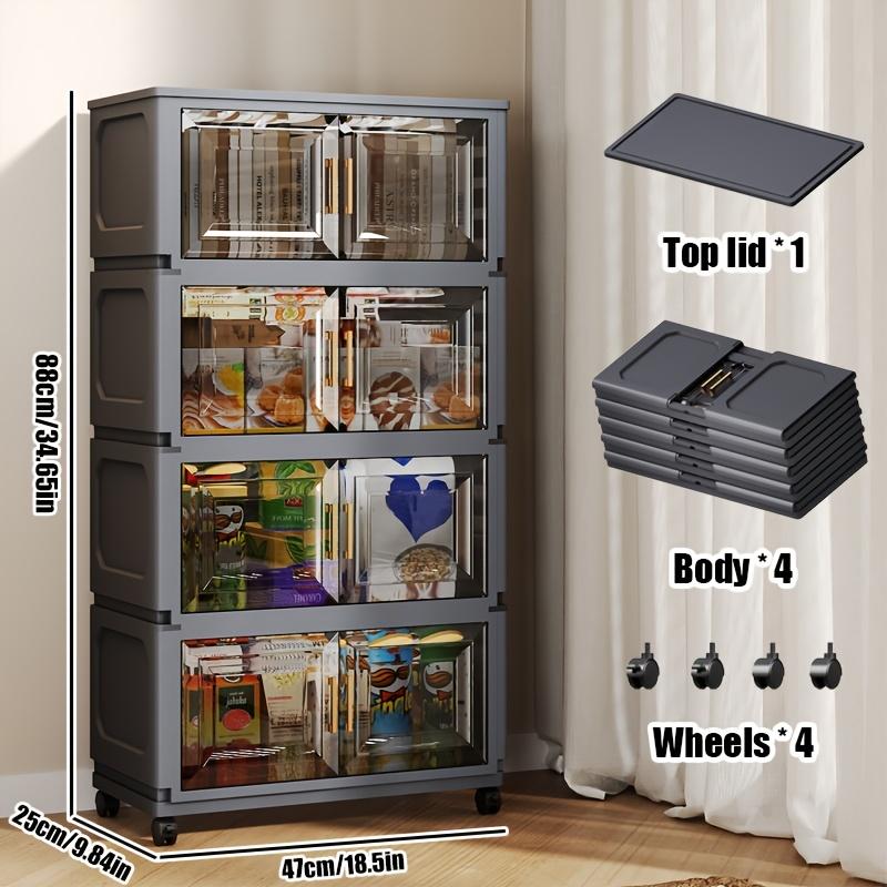 A five-tier (42.72 inches) entryway Plastic storage cabinet, Multi Layer Cabinet, featuring a large capacity with 3/4/5-tier shelving, a magnetic door design paired with silent universal wheels, making it a movable entryway storage cabinet