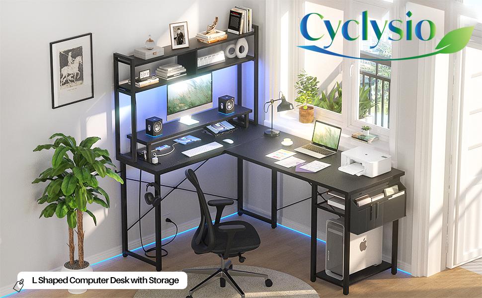 Reversible L Shaped Gaming Desk with LED Lights & Power Outlets，Computer Desk with Monitor Stand & Storage Shelf，Corner Desks Home Office Desk with Storage Bag