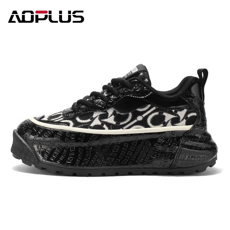 AOPLUS Men's Graphic Sneakers – Stylish Black & White Print Shoes for Bold Fashion