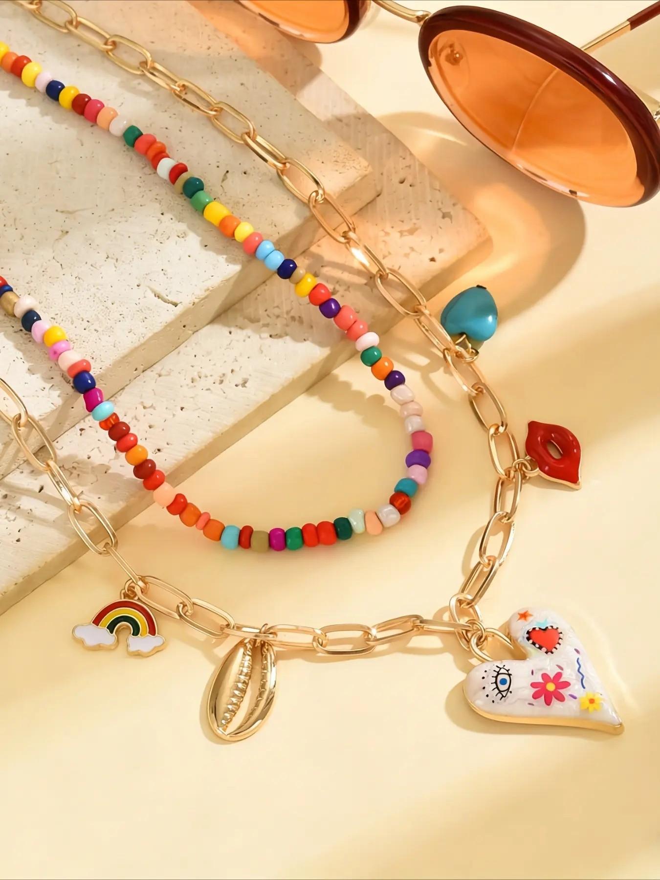 2pcs Y2K Colorful Beaded Layered Alloy Pendant Necklace Set, Bohemian Graffiti Heart Rainbow Multi-Charm, Fashionable Women's Jewelry
