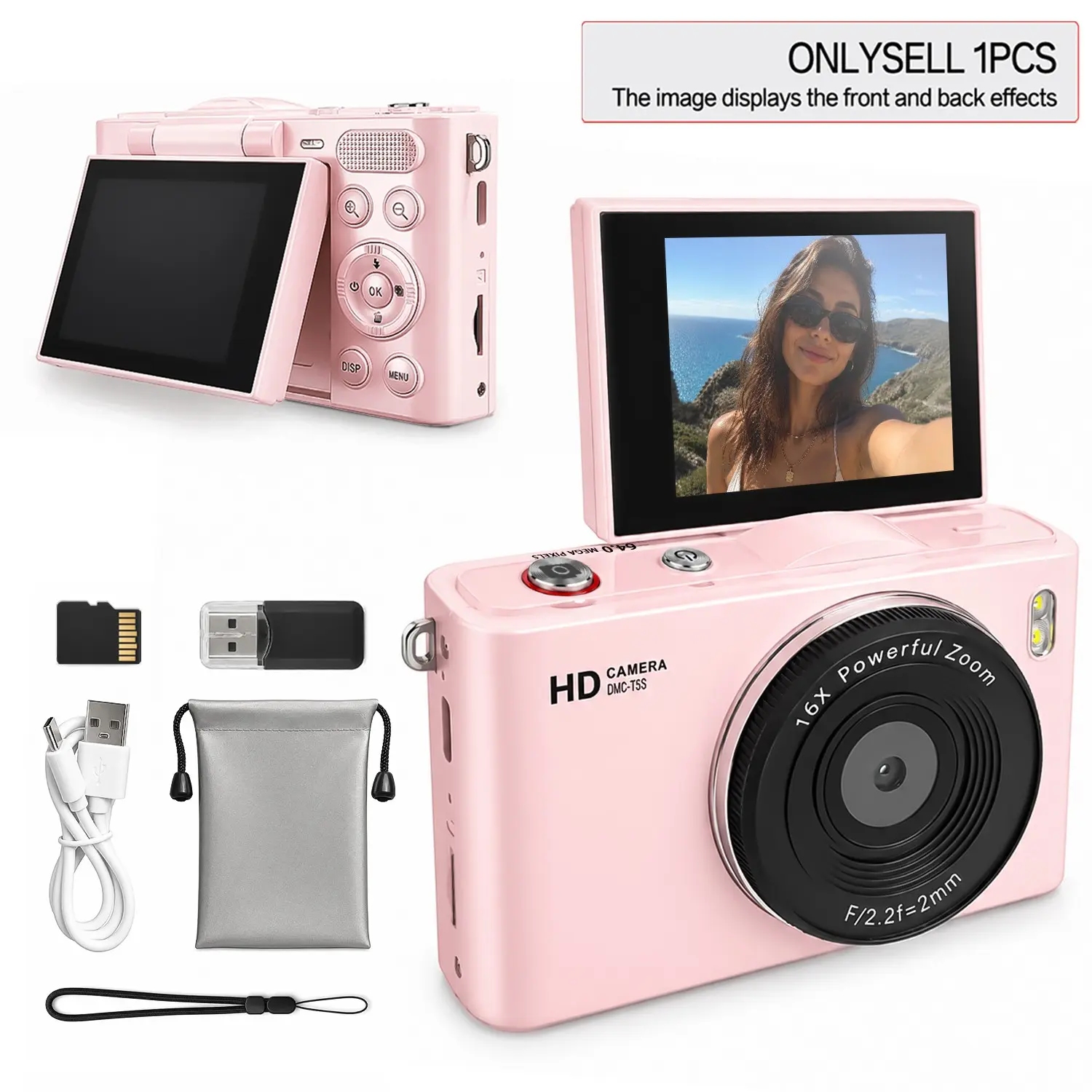 Portable Digital Camera, Compact 180° Flip Screen, Includes SD Card, Elegant Camera Bag, Ideal for Vlogging and Photography, Perfect Gift