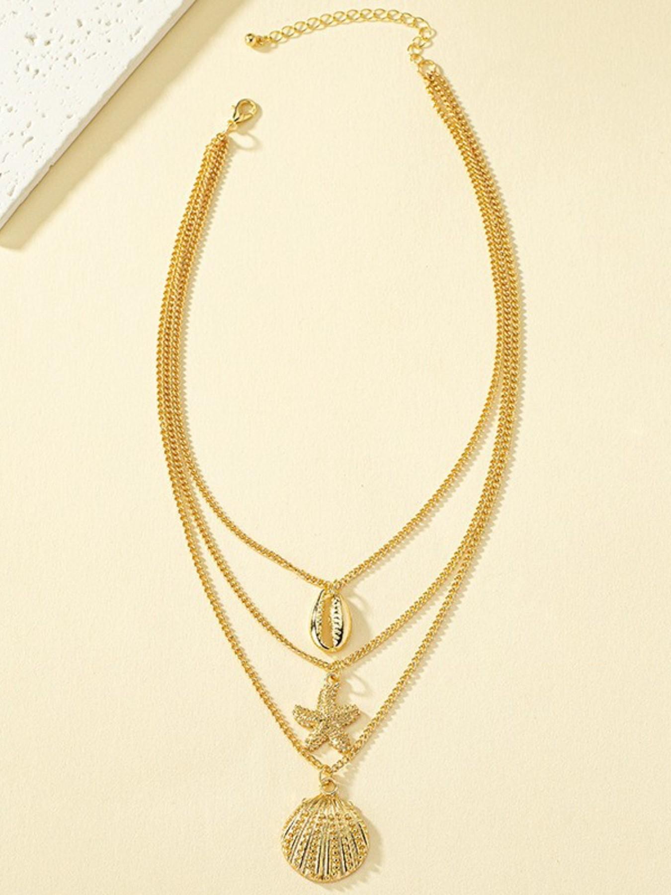 Boho Three-Layer Ocean Element Necklace Set, Gold Beach Summer Versatile Women's Collarbone Chain, Daily Casual Accessory