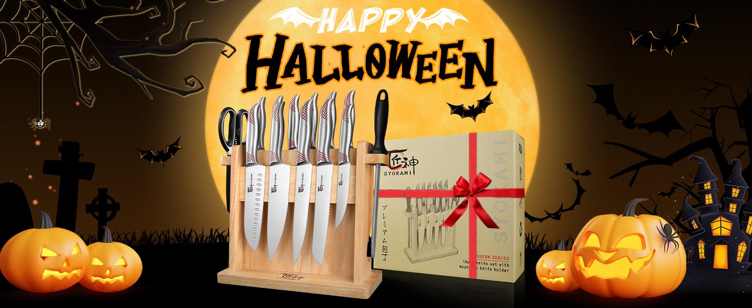 【TikTokShopSpringGlowUp】 SYOKAMI Kitchen Knife Set, 14 Pieces Japanese Style Knife Block Set with Magnetic Holder, High Carbon Stainless Steel Ultra Sharp Knives for kitchen with Ergonomic Handle and Sharpener, Black Dot, Mother's Day Gift