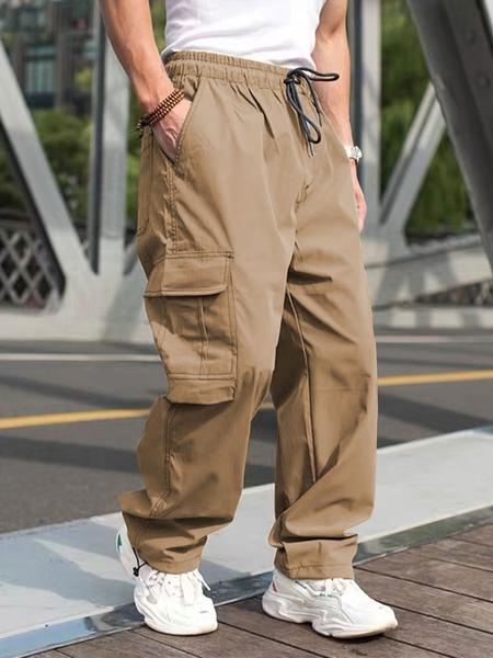 Men's Solid Color Flap Pocket Casual Slant Pocket Drawstring Waist Cargo Pants, Regular Fit Casual Street Straight Leg Trousers for Daily Wear, Men's Bottoms for All Seasons