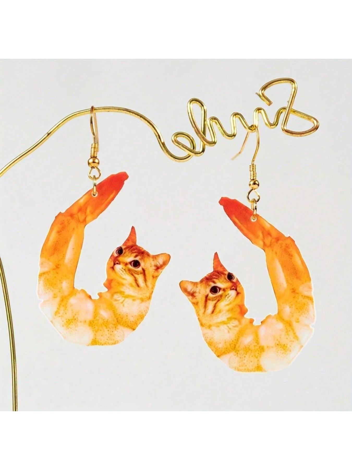 a pair of acrylic pendant earrings, cat shaped shrimp earrings - bright orange yellow pendant earrings, lightweight holiday women's jewelry, beach party and carnival gifts, tropical style earrings, vacation accessories