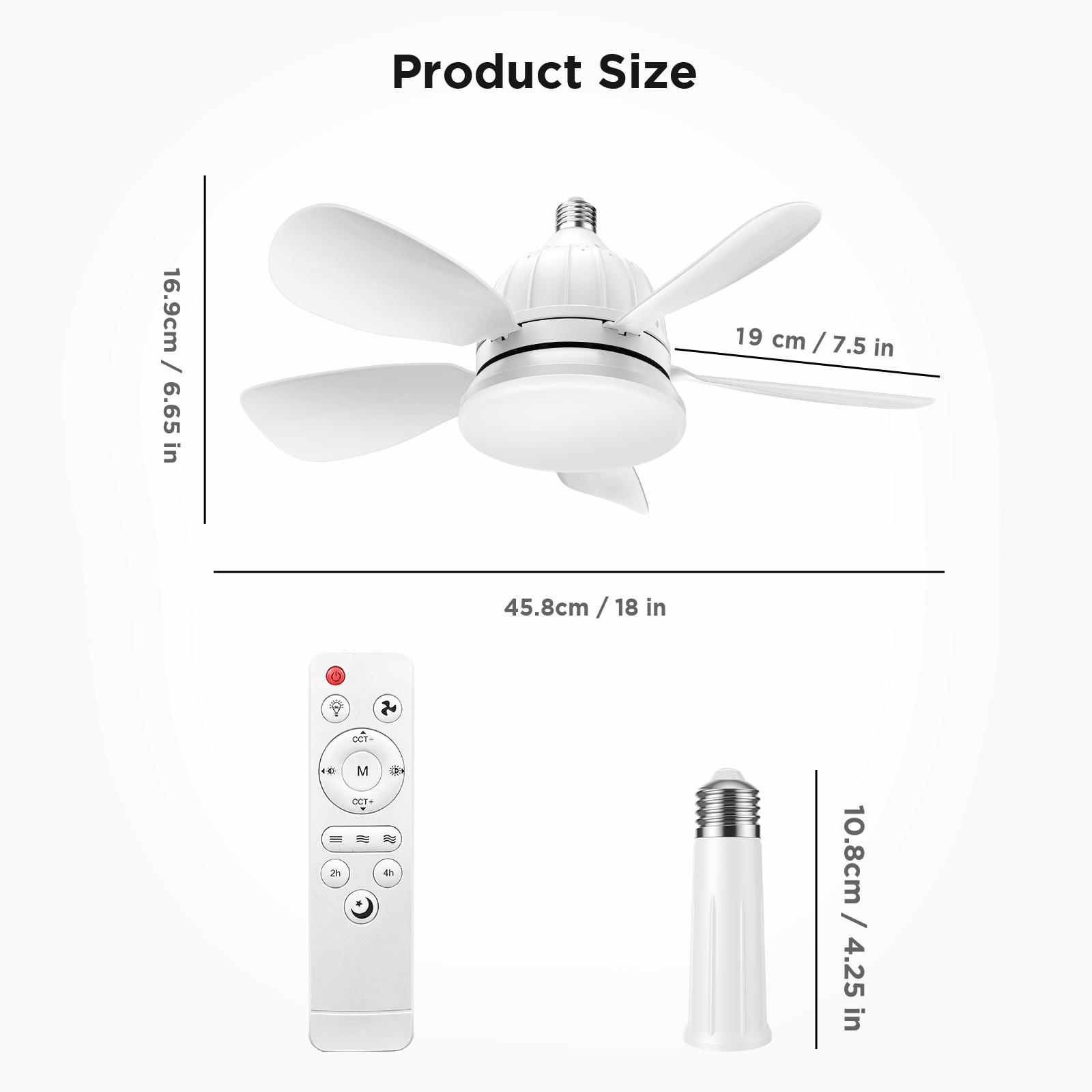 Socket Fan Light with Remote and LED Lights, Ceiling Fan Lights with E27 Base, Screw in Ceiling Fans for Patios, Garage, Bedroom, Living Room, Closet, and Small Rooms