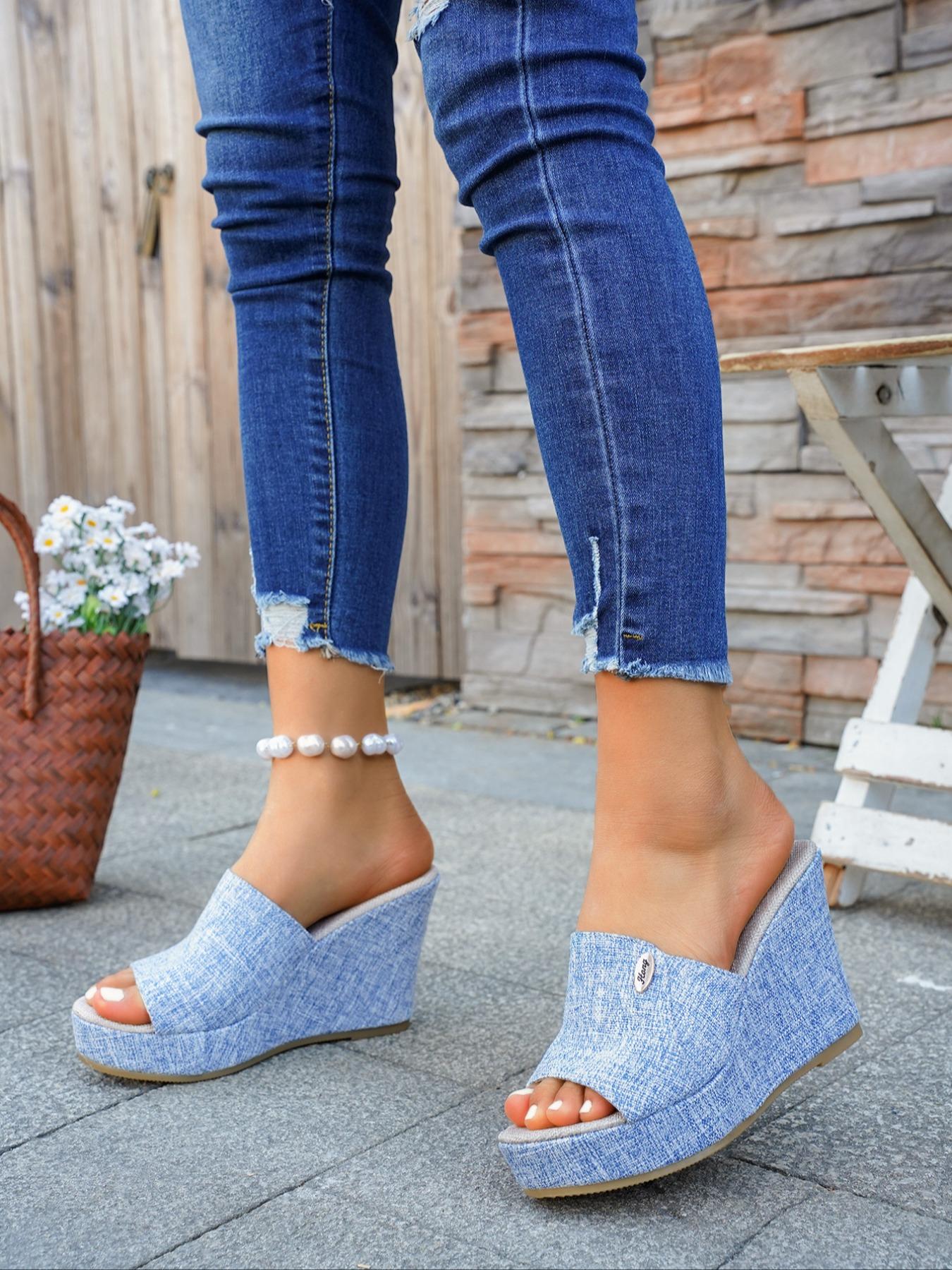 Women's Casual High Heel Sandals, Fish Mouth Open Toe Slip-On Summer Vacation Style, Textile Fabric Wedge Shoes