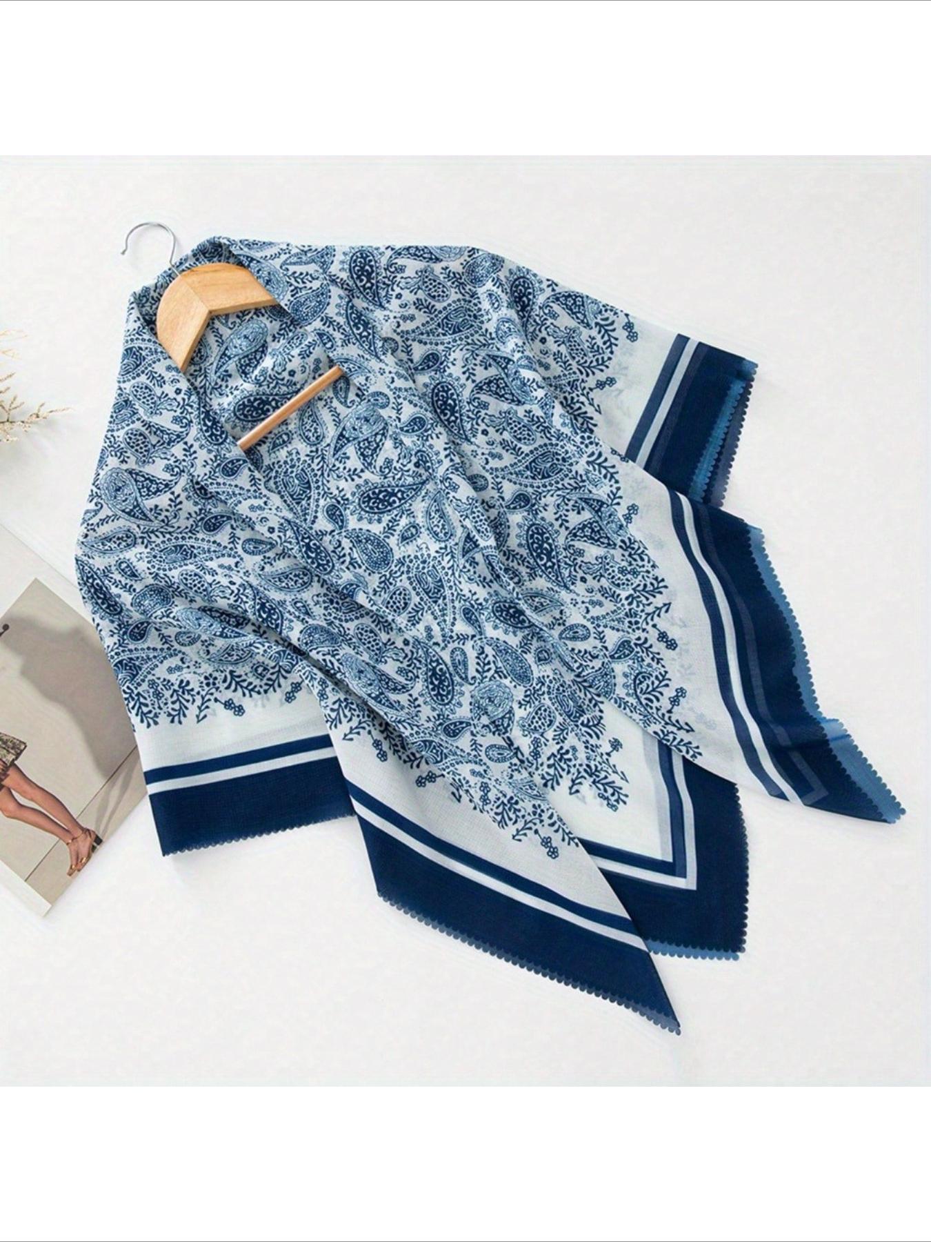 1pc 110*110cm Laser Cut Edging White Dainty Floral Print Large Square Bandana, New Bohemian Style Linen Soft Light Breathable Wavy Hem Head Wrap Hijab Shawl Floral Combination Print Balinese Chiffon Square Bandana Shawl