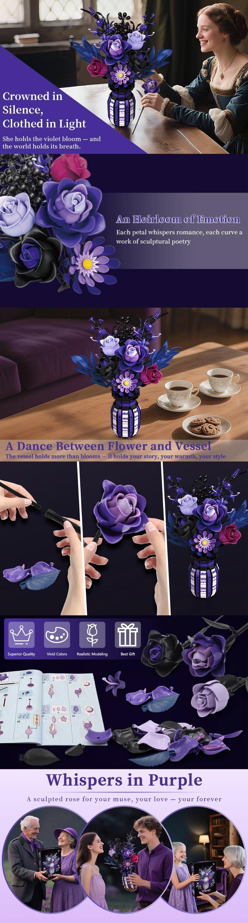 Flowers Bouquet Building Set 1218PCS  RosesPurple Botanical Collection with Vasefor Gothic forWomen Adults Girls 14+ Home OfficeDecor