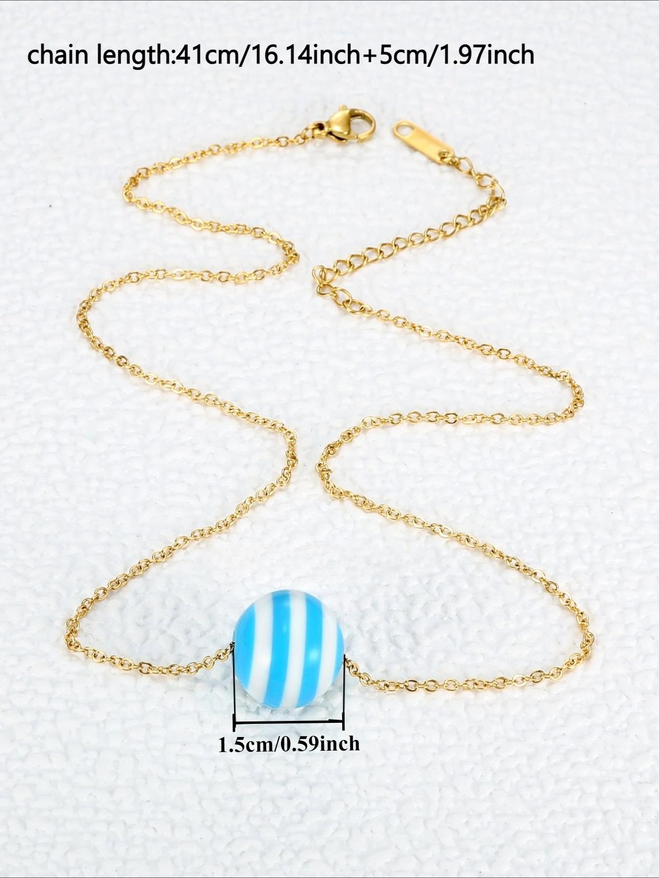 Summer Seaside Blue and White Striped Round Bead Necklace Stainless Steel Non Fading Seaside Vacation Versatile Accessories