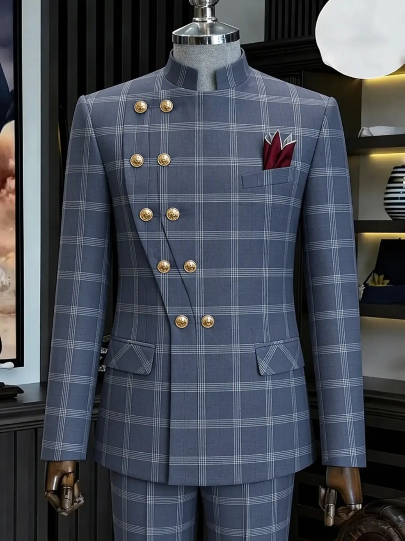 Ainwear Men Stand Collar Plaid Fashion Suit 2 Piece Set, Asymmetric Double Breasted Blazer Jacket & Pants, Formal Wedding Party Suits