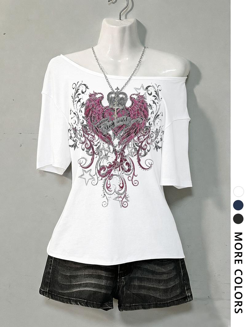 Women's Asymmetrical Neck Digital Print Summer Casual T-Shirt, Vintage Campus Style, Fashion Trend Letter Design