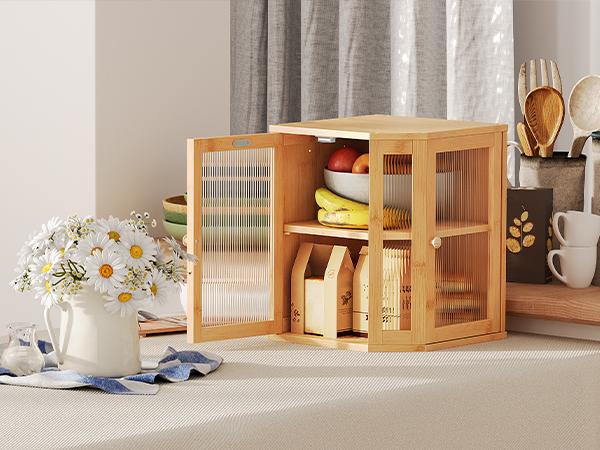 HOOBRO Bamboo Bread Box Large Capacity 2-Tier, Kitchen Countertop Corner Bread Box, Bread Storage Container with Dual Rippled Acrylic Doors, for Kitchen Food Storage, Natural#springtok