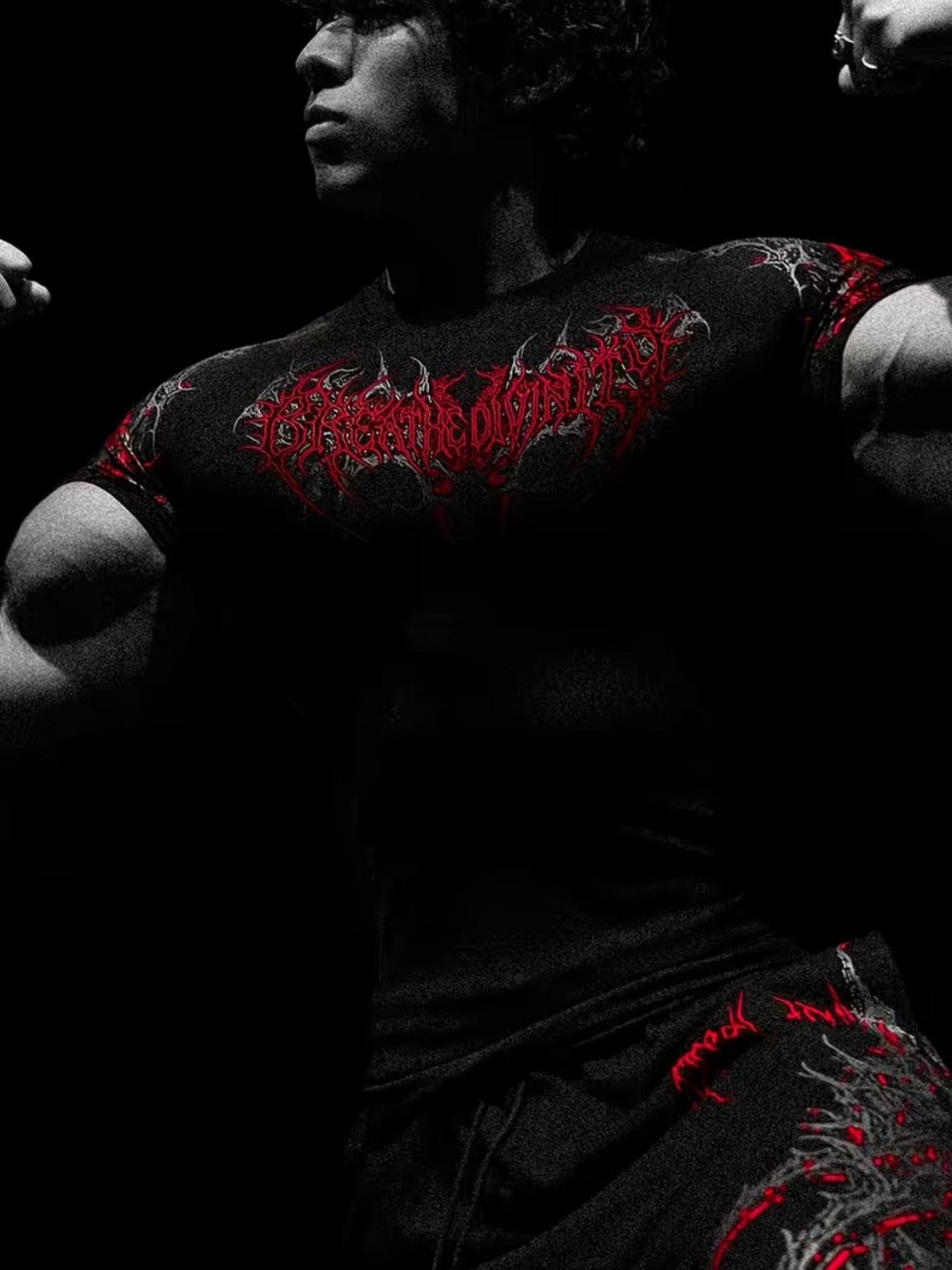 New Men's Trendy Fitted Sports Shirt, Gothic Print Quick-Dry Compression Fitness Top, Short Sleeve Long Clothing, Sporty Geometric Pattern