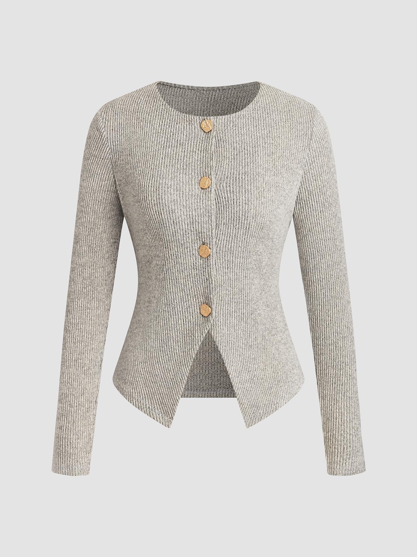 Women's Elegant Ribbed Knit Button-Front Long Sleeve Top, Casual Elegant Fitted Design in Medium-Weight Fabric for All-Season Wear