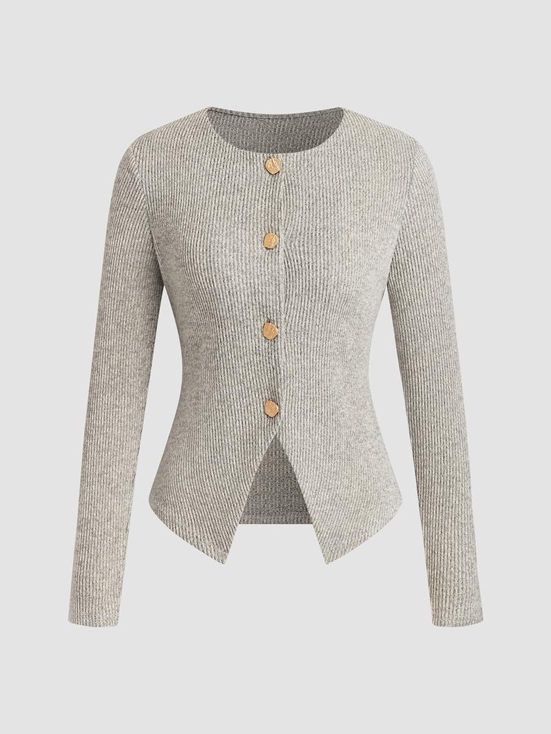 Women's Elegant Ribbed Knit Button-Front Long Sleeve Top, Casual Elegant Fitted Design in Medium-Weight Fabric for All-Season Wear