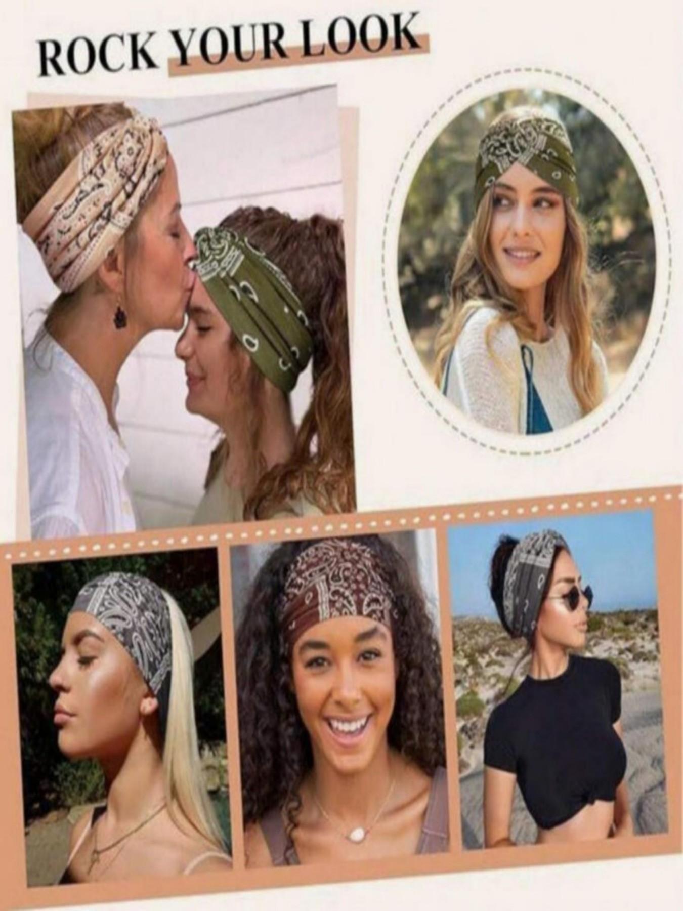 Women's 4-Piece Headband Set, Wide Thin Elastic Bohemian Style, Cashew Flower Retro Cross Edge, Sports Yoga Makeup Accessories