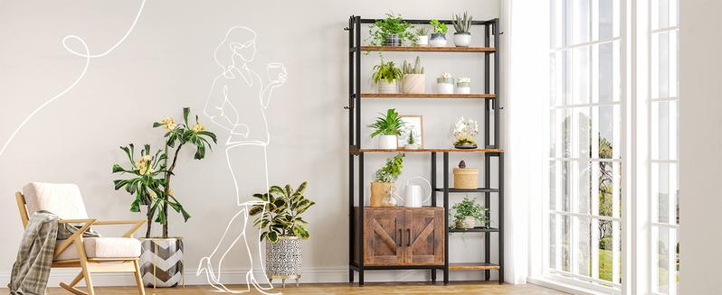 Raybee Furniture Bakers Rack for Kitchen with Power Outlet, 6-Tier Microwave Stand with Storage Cabinet, Farmhouse Kitchen Coffee Bar with Side Hooks, Utility Shelf for Kitchen