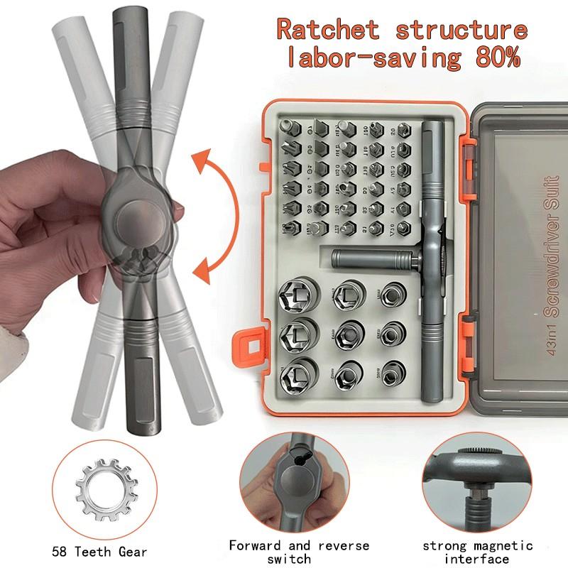 24-In-1 Magnetic Screwdriver Set & 43-In-1 Tool Kit, Multi-Functional Manual Tools with Detachable T-Handle Ratchet, DIY Home Maintenance Toolbox, Replaceable Screwdriver Bits