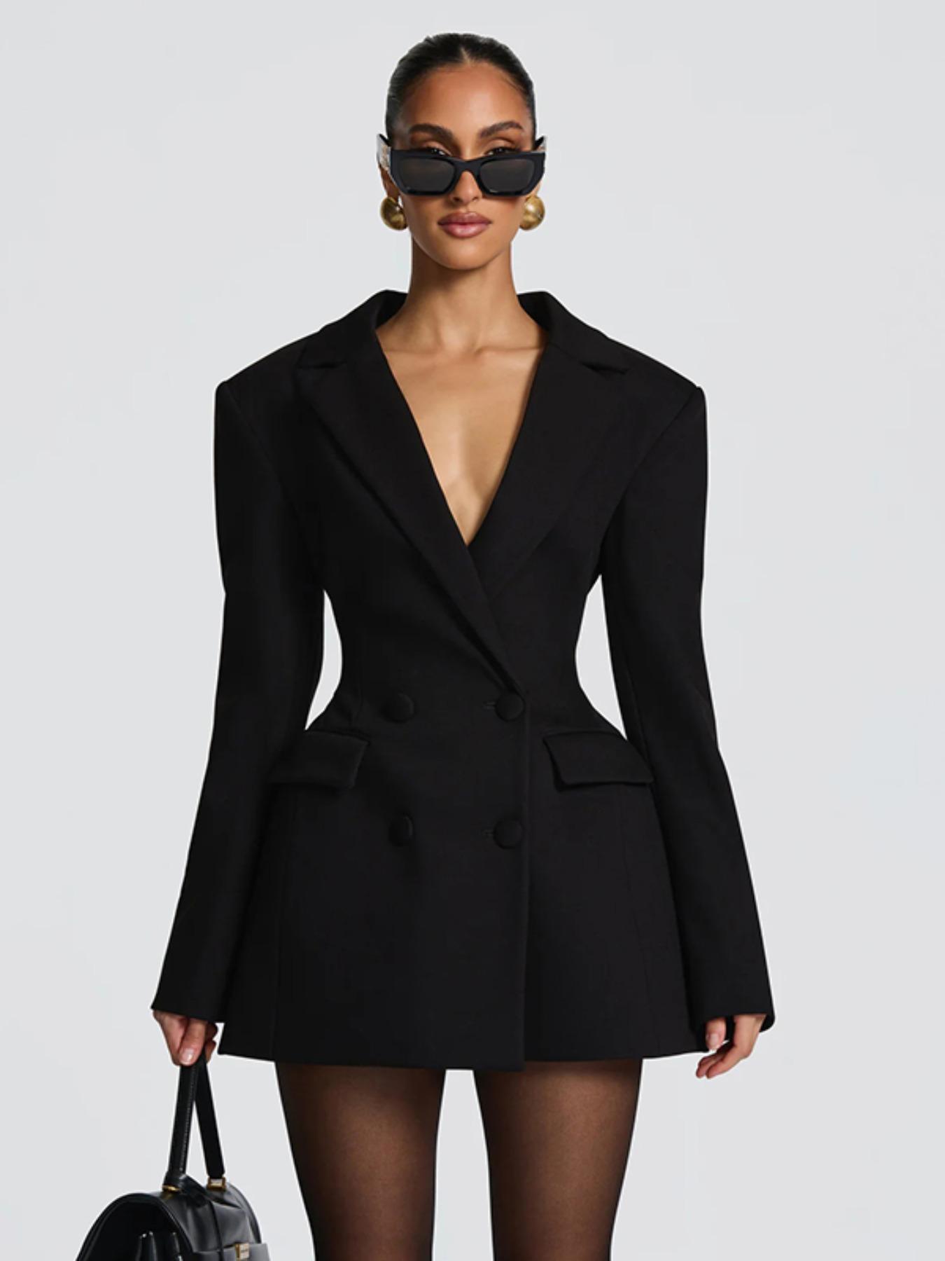 Women's Elegant Business Suit Dress, Deep V Neck Long Sleeve Ruffle Waist Cinched, Spring & Fall Office Wear, Plain Style