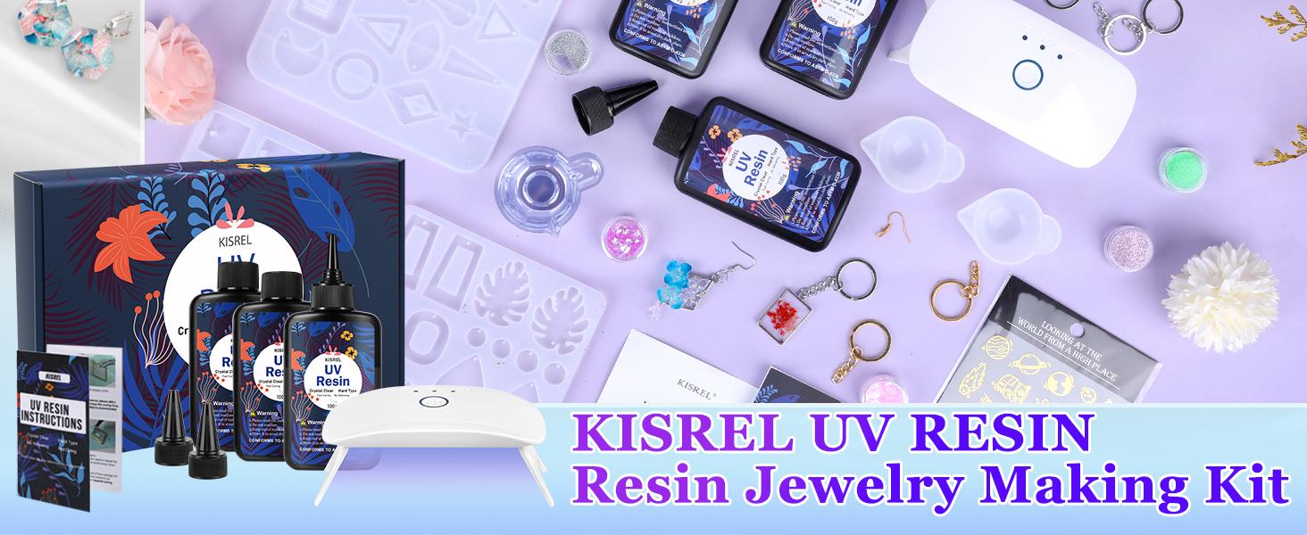 KISREL UV Resin Jewelry Making Kit, 300g Crystal Clear Resin with Light and Molds, DIY Jewelry Making Kit, Resina Starter Kits for Keychain and Earring