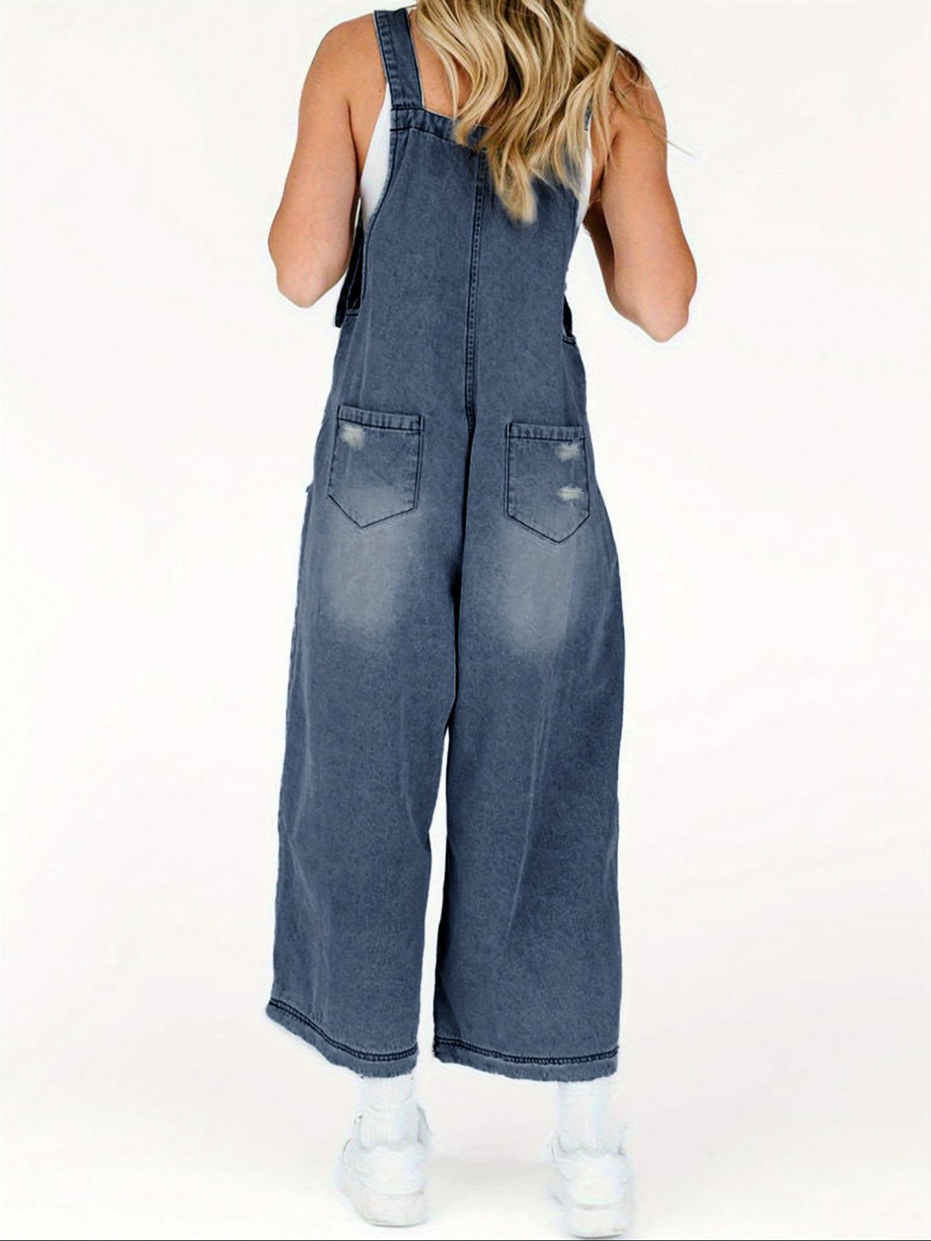 Women's Casual Loose-Fit Denim Overalls, Washed Distressed Design, All-Season Wearable Pantsuit for Daily & Dates