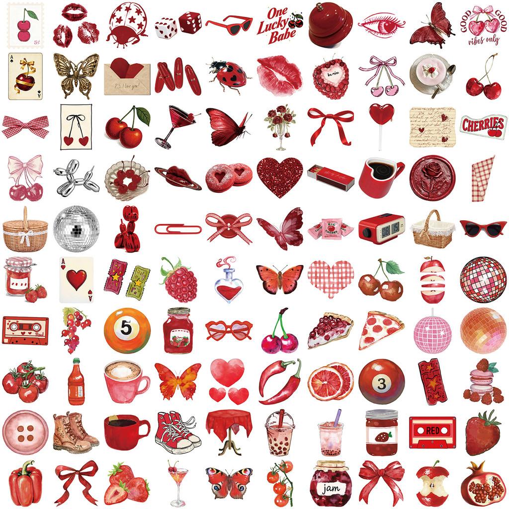 100Pcs Red Cherry Girl Retro Aesthetic Graffiti Stickers Waterproof PVC Decals for Guitar