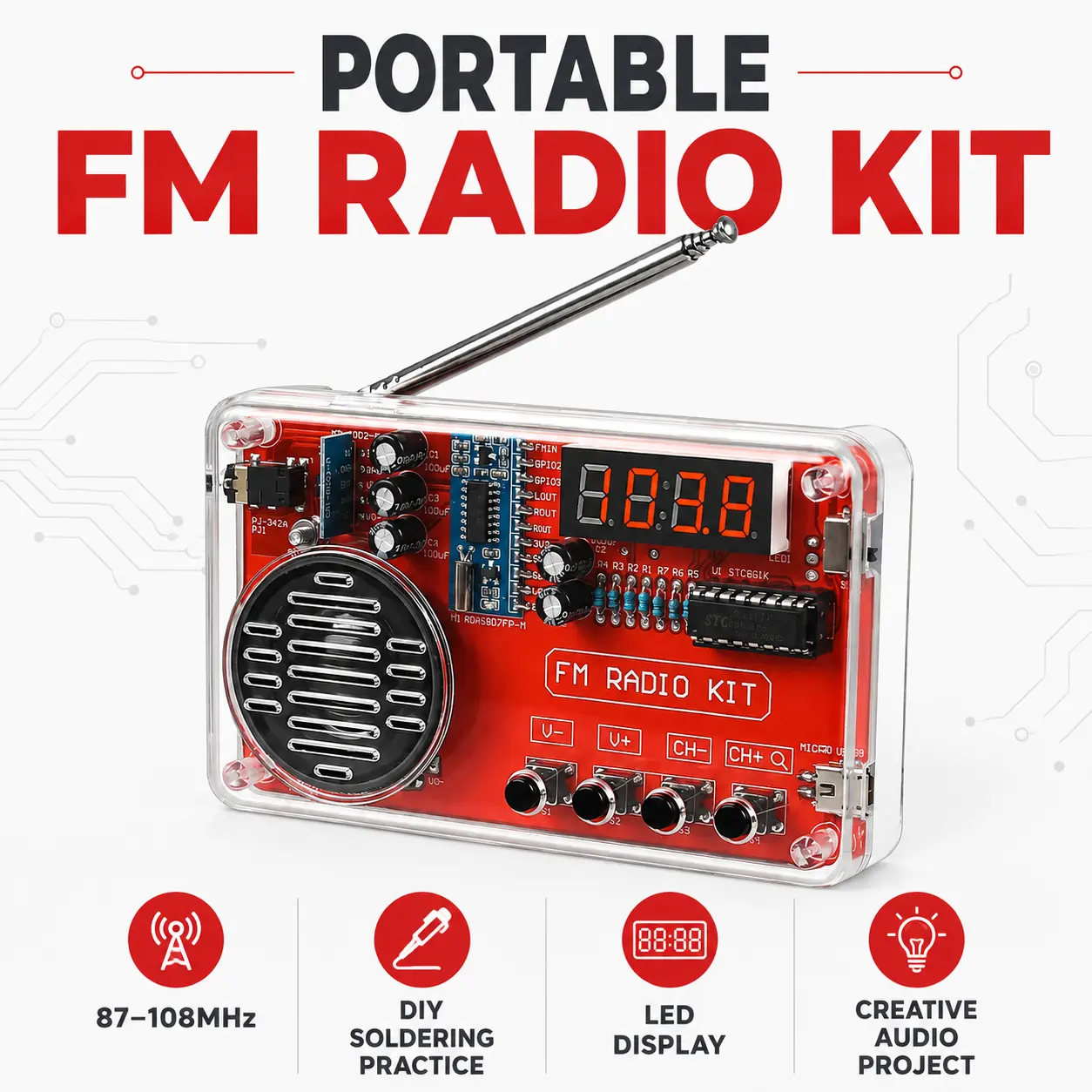 STEM DIY Portable Radio Project Kit, FM 87–108MHz Soldering Practice Set with LED Frequency Display, Auto Tuning & Headphone Jack for Students