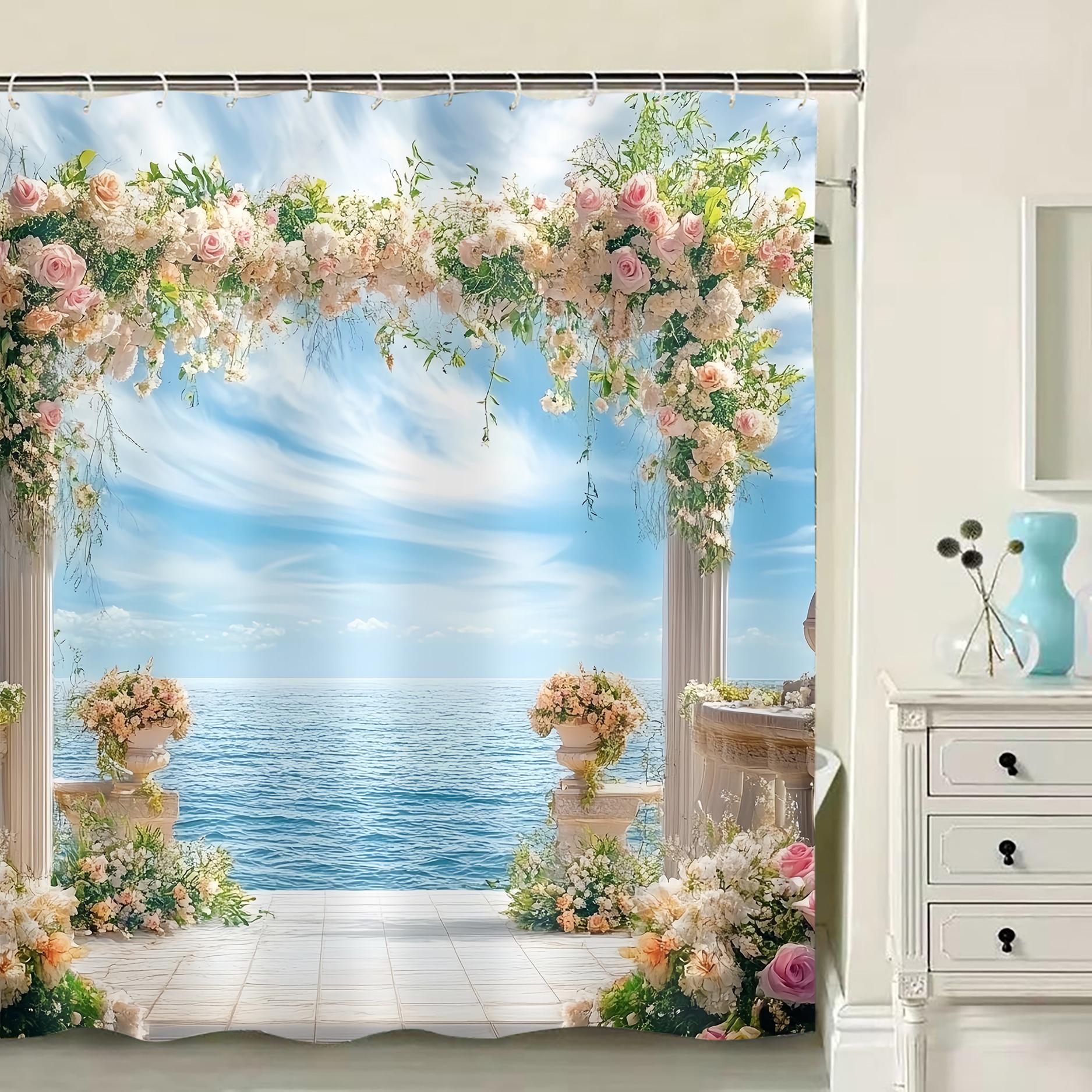 Romantic Sea View Pattern Bathroom Decorations, Including Shower Curtain & Toilet Lid Cover & U-shape Mat & Rectangle Mat, Bathroom Accessories for Home Decor