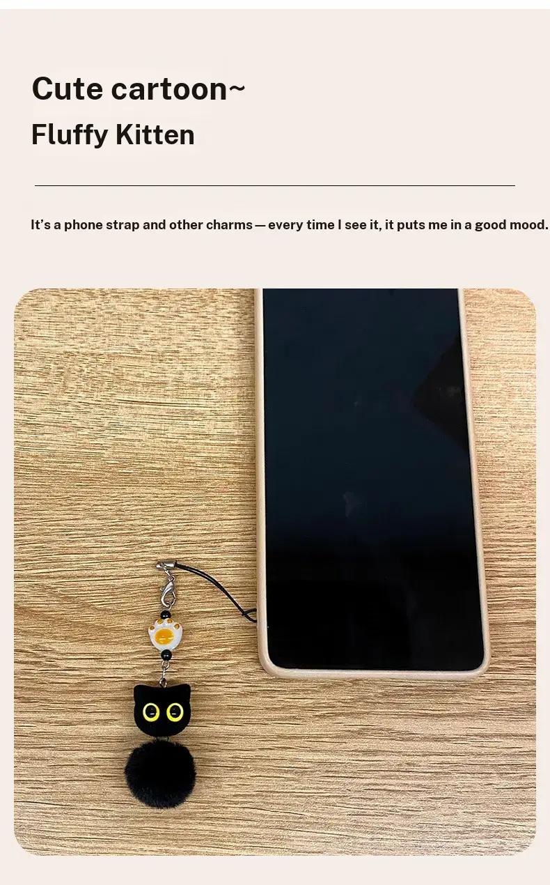 Flocked big-eyed black cat cartoon phone chain pendant, exquisite and cute beaded bag keychain pendant, children's gift