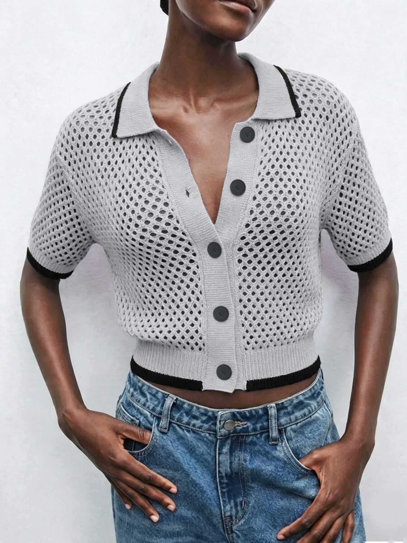 New Hollow-Out Knitwear, Women's Color-Block Short Sleeve Sweater, Elegant and Comfortable Polo Neck Top, Versatile Casual Wear