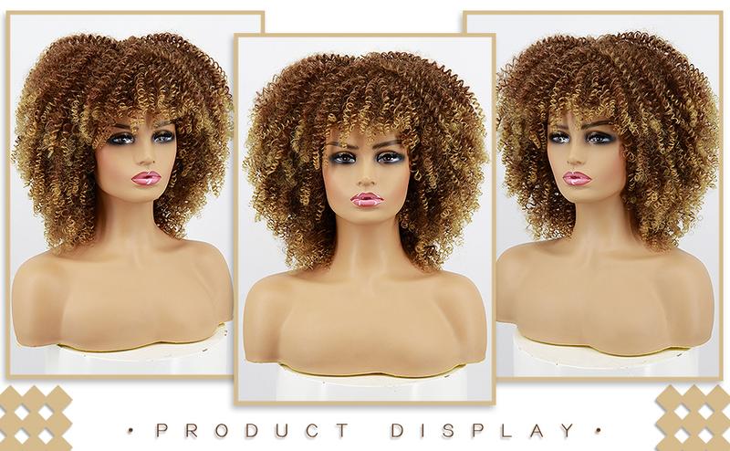 Xinran Blonde Curly Afro Wigs for Black Women, Blonde Kinky Curly Wig With Bangs, Synthetic Heat Resistant Fiber Afro Blonde Curly Wig for Daily Use
